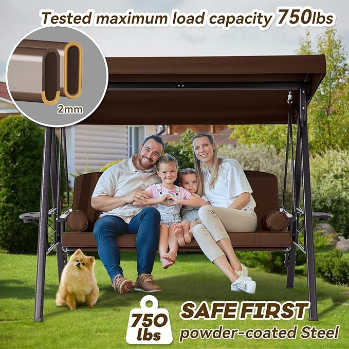 3 in 1 Outdoor Porch Swing with Canopy, 3 Seat Outdoor Swing for Adults, Patio Swing Chair with Thickened Cushions - Photo 5