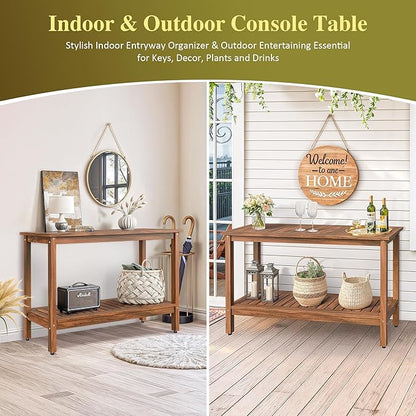 SUPER DEAL Patio Console Table, Outdoor Solid Wood Side Table Multifunctional Buffet Bar Storage Organizer with Foot Sliders, 48in 2-Shelf, Natural