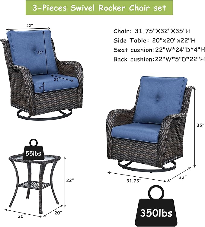 Rilyson Wicker Rocking Chair Swivel Chairs – 6 Piece Rocker Patio Furniture Set Rattan Rocking Bistro Sets with Glass - Photo 2