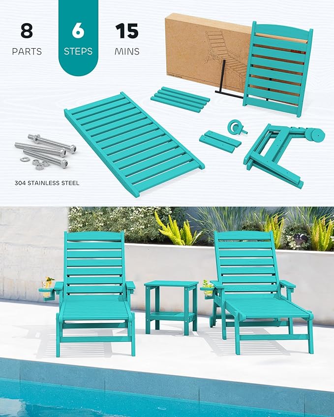 SERWALL Patio Chaise Lounge Chair, 78'' Long HDPE 5 Positions Adjustable Outdoor Lounger - Photo 7