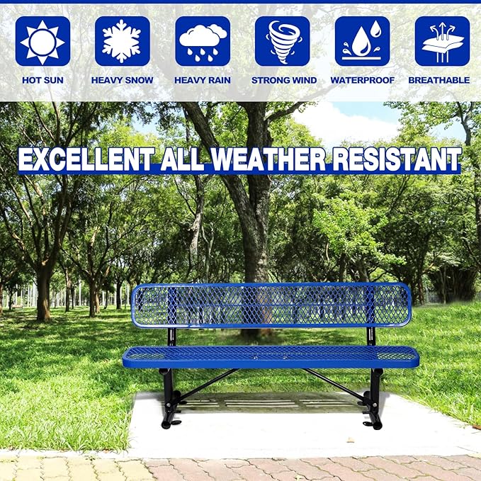 6FT Heavy-Duty Park Bench for Outside - Black Coated Outdoor Furniture Steel Bench, Commercial-Grade Outdoor Benches Weatherproof for Park, Patio, Porch (Portable with Back,) (Blue, 6FT)