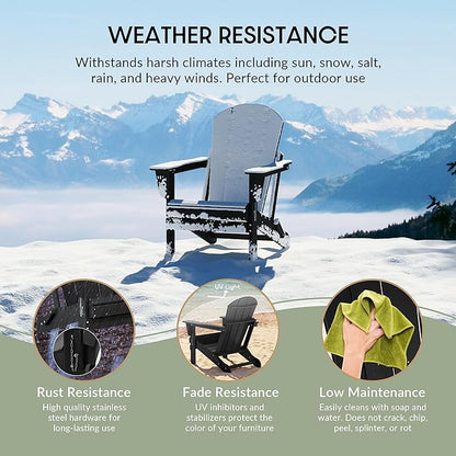 WestinTrends Malibu 2-Pieces Adirondack Chair Set with Side Table, All Weather Outdoor Seating Plastic Patio Lawn Chair Folding for Outside Porch Deck Backyard, Black