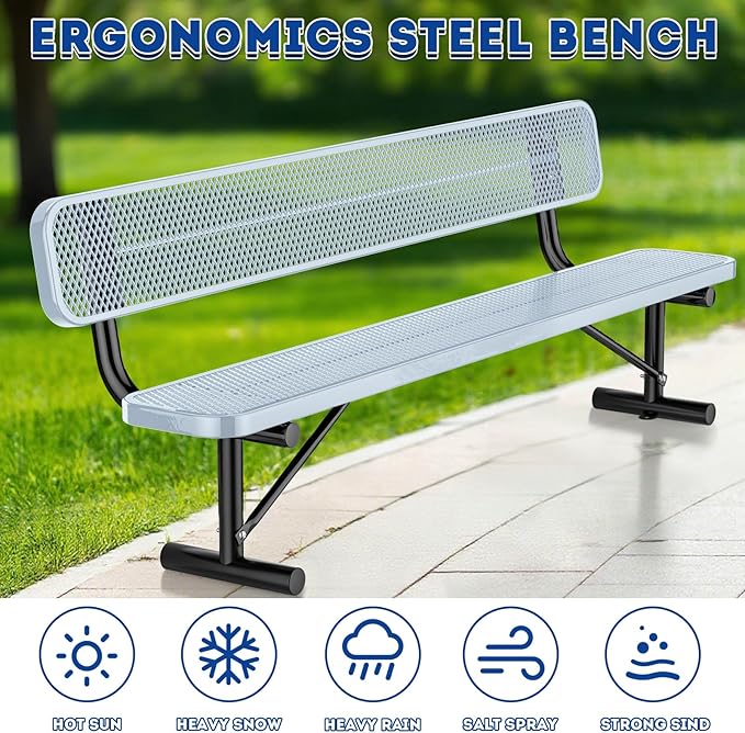 Heavy Duty Park Bench for Outside, Metal Park Bench with Back Portable Frame, Outdoor Steel Mesh Garden Bench with Backrest for Garden, Lawn, Patio, Porch, Park, Yard (Grey, 8FT/95INCH)