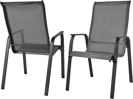 Yaheetech Patio Chairs Set of 2, Stackable Outdoor Dining Chairs with Breathable Fabric and Heavy-Duty Iron Frame for Lawn, Backyard, Deck, 300 lbs Capacity, Gray