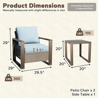 Outdoor Wicker Metal Chairs Set of 2 with Matching Side Table - 3 Pieces Patio Bistro Set with Removable Olefin Fabric Cushions & Rectangular Framed Wood-Looking Metal Armrest, Baby Blue