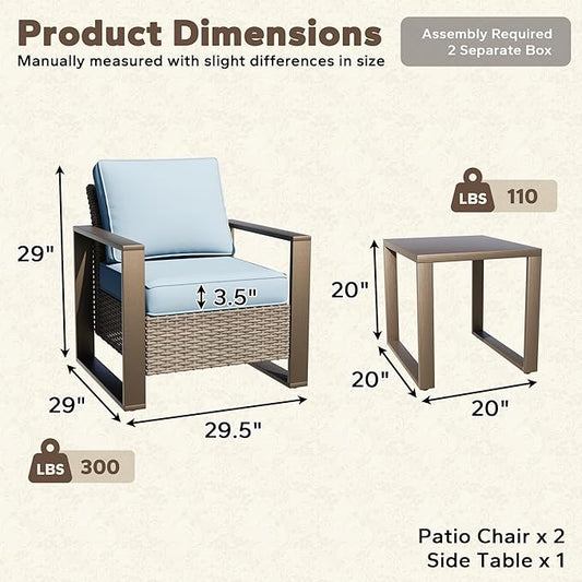 Outdoor Wicker Metal Chairs Set of 2 with Matching Side Table - 3 Pieces Patio Bistro Set with Removable Olefin Fabric Cushions & Rectangular Framed Wood-Looking Metal Armrest, Baby Blue