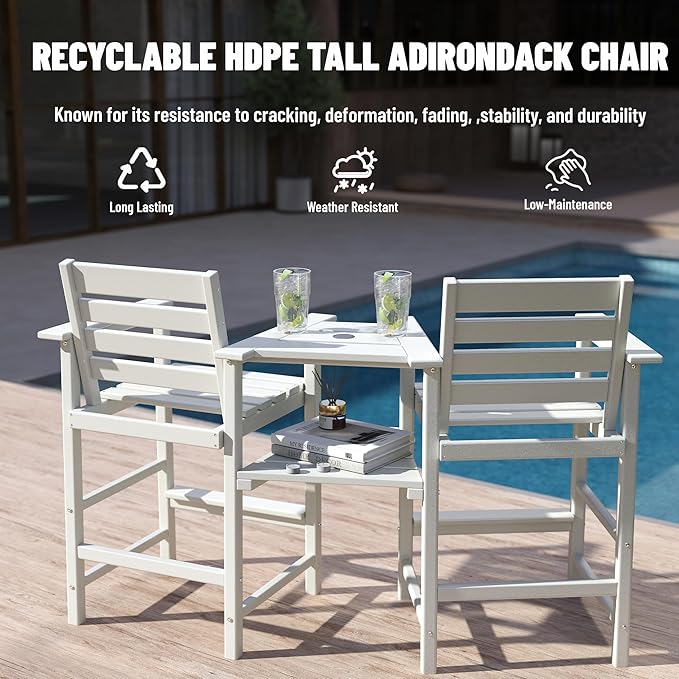 FOOWIN Tall Adirondack Chair Set of 2,HDPE Adirondack Bar Stools with Removable Connecting Trays,Weather Resistant Balcony Chair,Outdoor Adirondack Bar Chairs for Patio,Pool,Garden, Backyard White