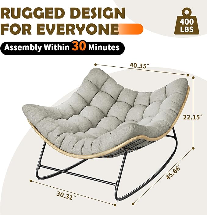 Outdoor Rocking Chair, 2 PCS Indoor Papasan Chairs, Oversized Egg Rocking Chair with Thick Cushion, Rattan Wicker Rocker Lounge Chair for Bedroom, Living Room, Patio, Garden, Porch (Light Grey)