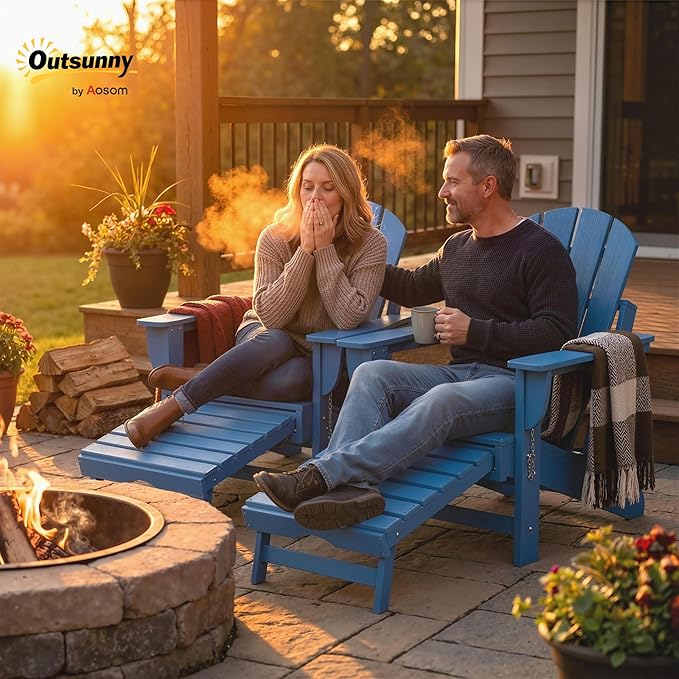 Outsunny Folding Adirondack Chair Set of 2, Outdoor HDPE Fire Pit Chair with Retractable Ottoman, Cup Holder and Large Seat for Deck, Garden, Backyard, Blue