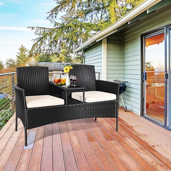 Outdoor Loveseat, 2 Seats Chair with Table, Cushions, Tempered Glass Tabletop, Wicker Patio Conversation Furniture Set - Photo 8