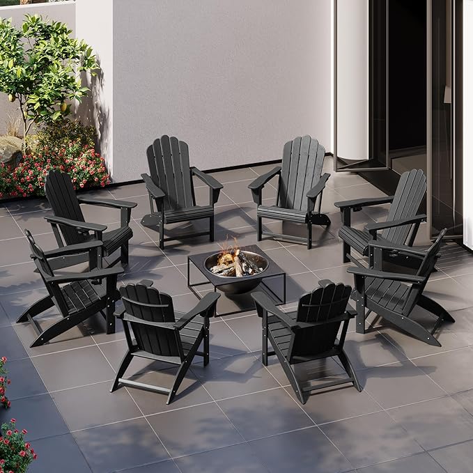 Costaelm Lakeview Outdoor Patio HDPE Adirondack Chairs with Cup Holders (Set of 8), Black