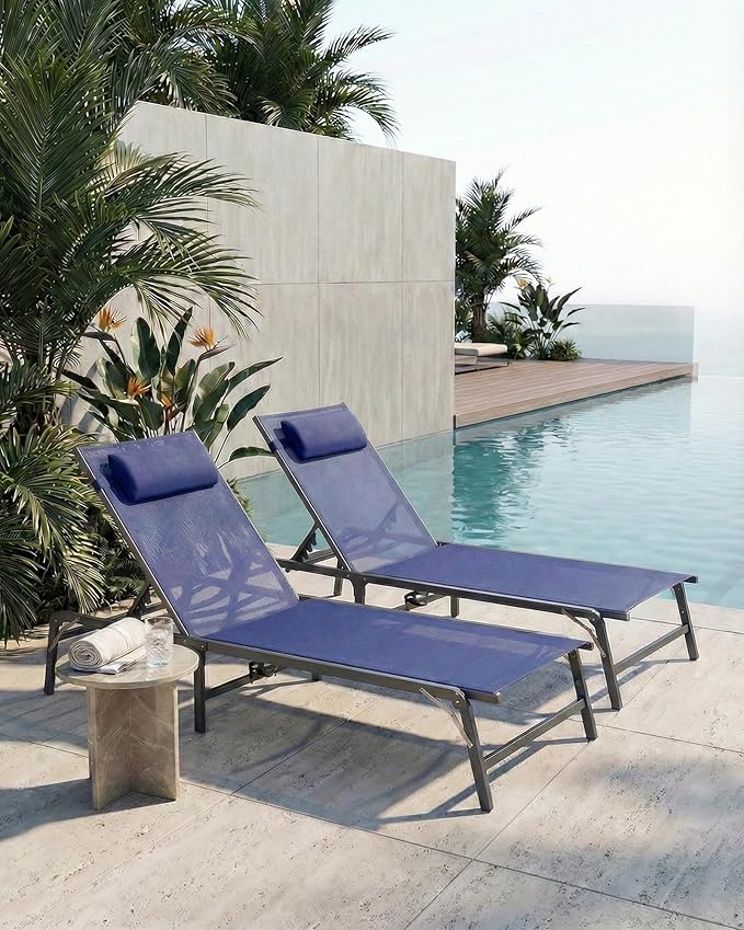2 Pack Foldable Chaise Lounge Chair with Cup Holder - Photo 2