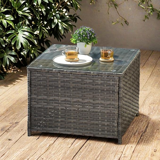 ovios Outdoor Side Table with Tempered Glass Top, Patio Wicker Rattan Coffee End Tables for All-Weather Porch Deck Balcony Garden Poolside (Grey-Medium Size)