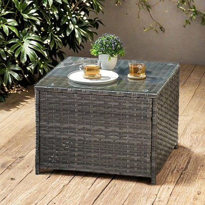 ovios Outdoor Side Table with Tempered Glass Top, Patio Wicker Rattan Coffee End Tables for All-Weather Porch Deck Balcony Garden Poolside (Grey-Medium Size)