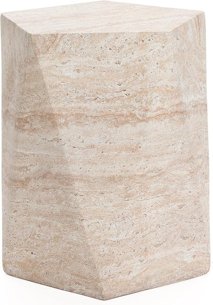 LuxenHome Outdoor Accent Side Table, 18'' Travertine-Style Irregular Textured Cement Patio End Table, Outdoor Coffee Furniture for Backyard Balcony, Modern Garden Stool for Outside