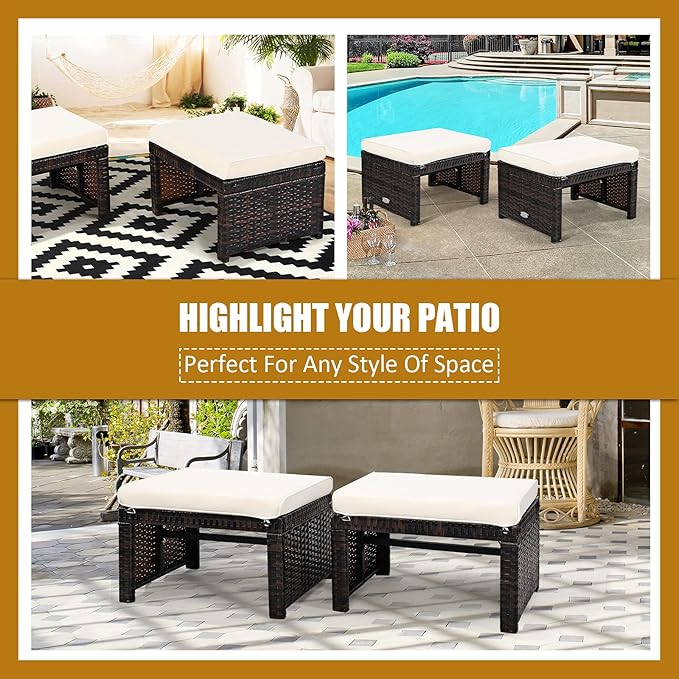 Tangkula 2 Pieces Patio Rattan Ottomans, All Weather Outdoor Footstool Footrest Seat with Soft Cushion, Hidden Zipper - Photo 9