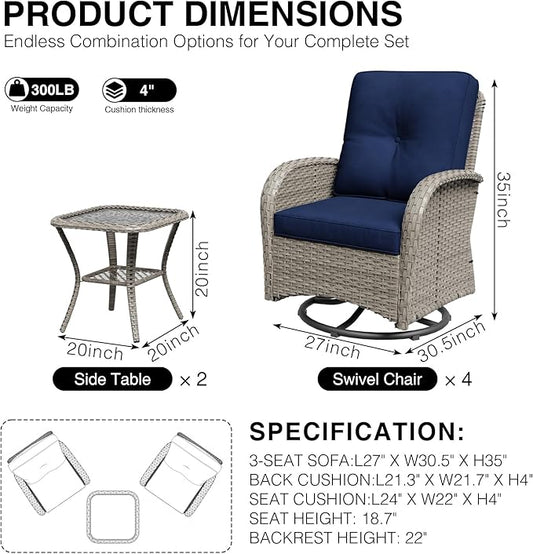 Joyside Wicker Patio Furniture Set, 6 Piece Outdoor Furniture Set with Thickened Cushions, High Back, Deep Seating, Wide Armrest, Outdoor Swivel Rocker Chairs for Porch, Deck