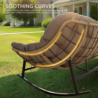 NICESOUL Oversized Double Rocking Papasan Chair with Cushion, 2 Person Big Wicker Outdoor Comfy Recliner, Large Heavy Duty 700 lbs Loveseat for Patio, Balcony, Backyard