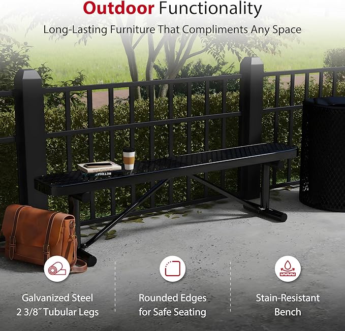 Leisure Craft Metal Outdoor Bench - 6 Foot Heavy Duty Backless Bench Seating for Garden, Porch, Picnic, Park, Expanded Metal, Thermoplastic Coating, Commercial Grade Furniture Made in USA - Black