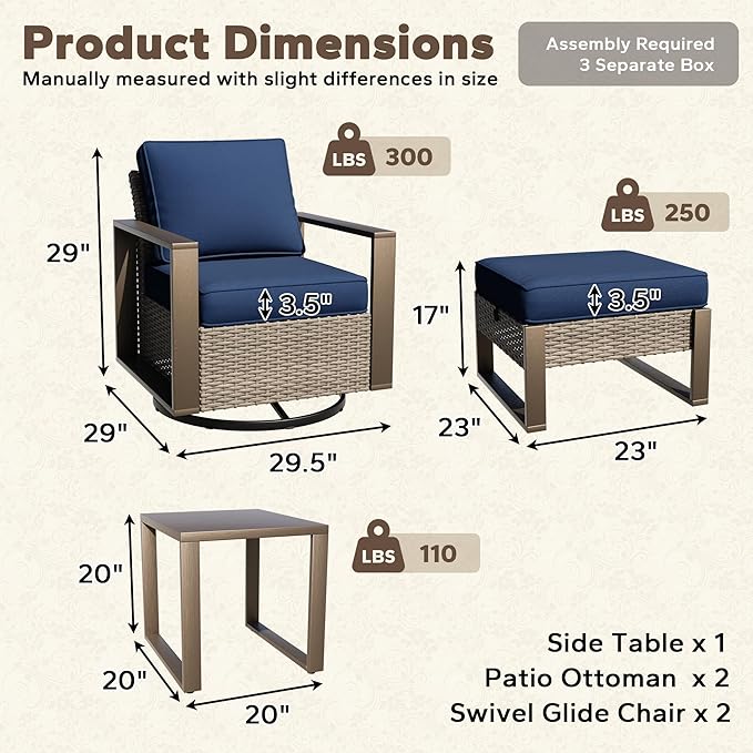 5 Pieces Metal Wicker Patio Furniture Set - 2 Swivel Rocker Chairs and 2 Ottomans, 1 Side Table - Photo 2