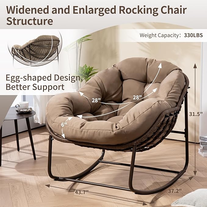 HOMEFUN Outdoor Patio Rocking Chairs Set of 2, Oversized Papasan Rock Chair Indoor with Padded Cushion - Rocker Egg Seat for Front Porch, Garden, Backyard Khaki