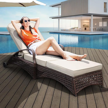NOBLEMOOD Chaise Lounge Outdoor Wicker Lounge Chair with Wheels, Adjustable 6 Position Pool Reclining Chair with Gray Thickened Fabric Cushion & Pillow, Pack of 6
