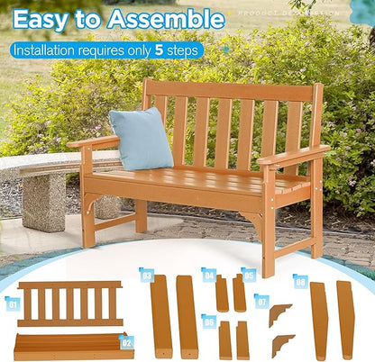 nalone Outdoor Bench, HDPE All Weather Patio Bench Load up to 800 Lbs, 2-Person Garden Bench Rot-Proof Fade Proof for Patio, Porch, and Park (Teak)