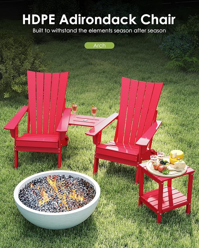GREENVINES Folding-Adirondack-Chairs-Set-of-2 | HDPE Plastic | Arch Series | Fire Pit Chair | with Connecting Tray | Removable Table | All Weather | for Outdoor Patio Deck Poolside | Red