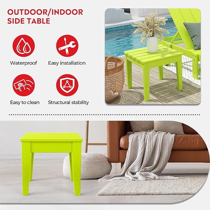 Costaelm Outdoor Patio Table and Chairs Set of 2, 2-Piece HDPE Garden Chair with Square Adirondack Side Table Set, Porch Chairs Coffee Table for Outside Porch Backyard, Lime