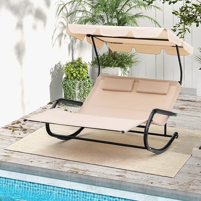 Tangkula 2 Person Lounge Chair with Adjustable Canopy, Outdoor Chaise Lounge with 2 Detachable Pillows and Wheels - Photo 9