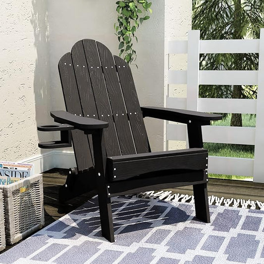 LUE BONA Folding Adirondack Chair, Cup Holder, Woodgrain, Fire Pit, Patio, Pool, Black
