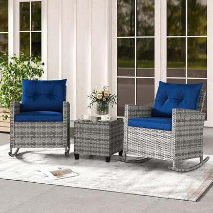 Tangkula 3 Piece Wicker Rocking Set, Patio Rattan Roker Chairs with Tempered Glass Table & Soft Cushions, Outdoor Furniture Set for Backyard, Poolside Porch (Mix Gray & Navy)