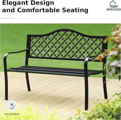 MFSTUDIO Outdoor Metal Bench Set of 2, 50" Black Outdoor Metal Garden Bench, Cast Iron Frame Patio Furniture with E-Coating, Perfect for Porch and Yard