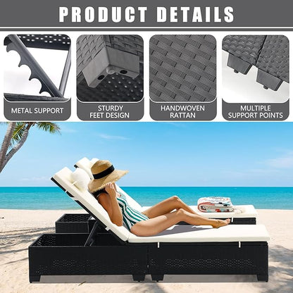 3 PCS Patio Chaise Lounge with Coffee Table Cushion&Pillow Outdoor Lounge Chair Chaise Lounger Patio Reclining Chair 5 Angle Adjustment Black PE Rattan for Courtyards Poolside (Beige)