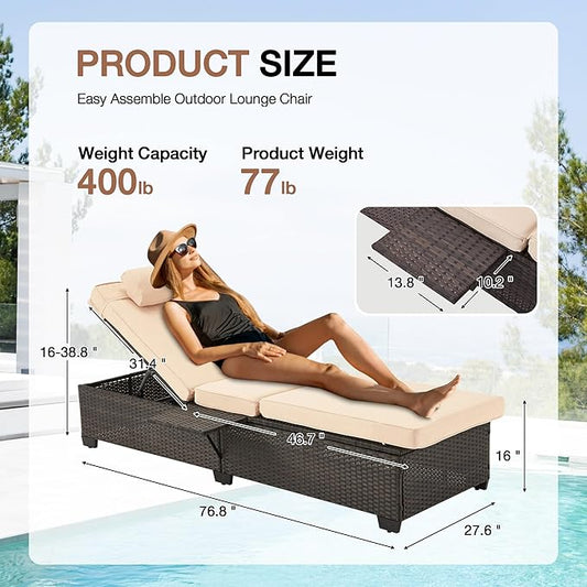 HOMREST PE Wicker Chaise Lounge Chairs Set of 4,Adjustable 5 Position Outside Rattanr Patio Pool Chair with Headrest,Cushion and Storage Rack for Poolside Backyard Porch,Khaki