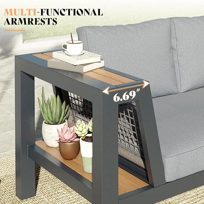 2 Piece Aluminum Patio Sofa with Storage Armrest & Water-Resistant Cushions, 6-Seat Outdoor Couch with Rattan Mesh Sides - Photo 3