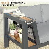 2 Piece Aluminum Patio Sofa with Storage Armrest & Water-Resistant Cushions, 6-Seat Outdoor Couch with Rattan Mesh Sides - Photo 3