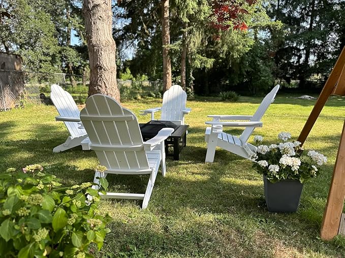 LUE BONA Folding Adirondack Chair, Chairs Set of 2, Cup Holder, Woodgrain, Fire Pit, Patio, Pool, White