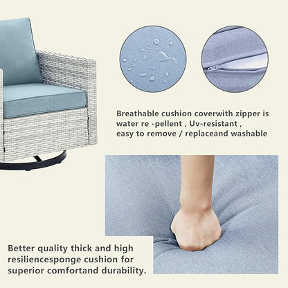 Outdoor Patio Swivel Rocker Chairs - Wicker Patio Swivel Rocking Chairs Set of 2 with Waterproof Wicker,Comfortable Cushions and Sturdy Metal Frame for Outside Porch Deck Backyard(Light Grey/Sky Blue)