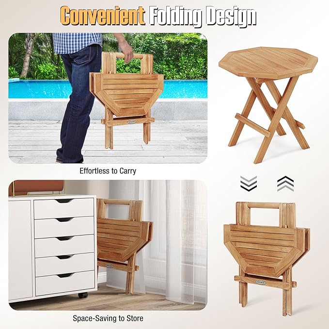 Tangkula Patio Folding Side Table, Teak Wood Octagon Coffee Table w/X-Shaped Legs & Slatted Tabletop - Photo 6