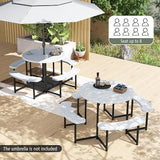 Giantex Picnic Table Bench Set for 4-8 Person, Round 37” Outdoor Dining Table w/Umbrella Hole, HDPE Tabletop - Photo 3