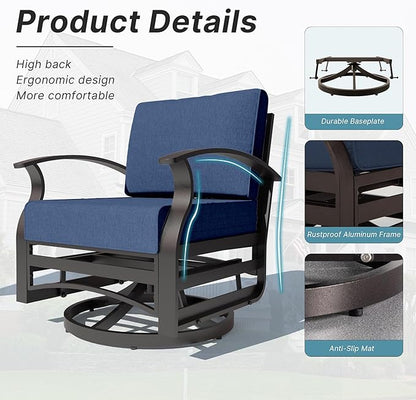 Kurapika 5 Pieces Patio Furniture Set, Outdoor Aluminum Swivel Gliders Rocker, Patio Bistro Set Rocking Chair with Thickened Cushions and Side Table(Navy Blue)