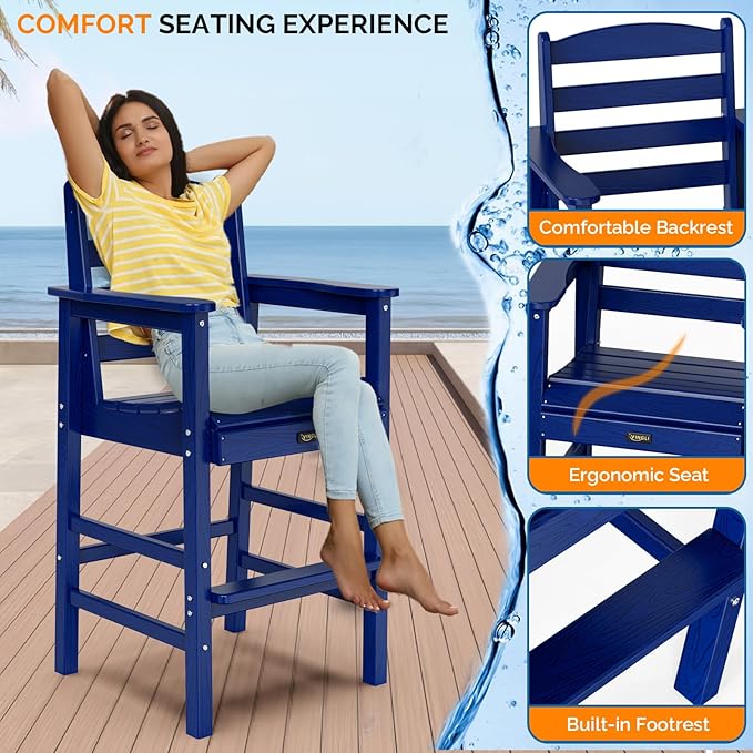 VINGLI Outdoor Bar Stools Set of 2, HDPE All-Weather Patio Bar Height Chairs Heavy-Duty Tall Adirondack Chairs for Backyard, Porch, Balcony and Poolside (Navy Blue)