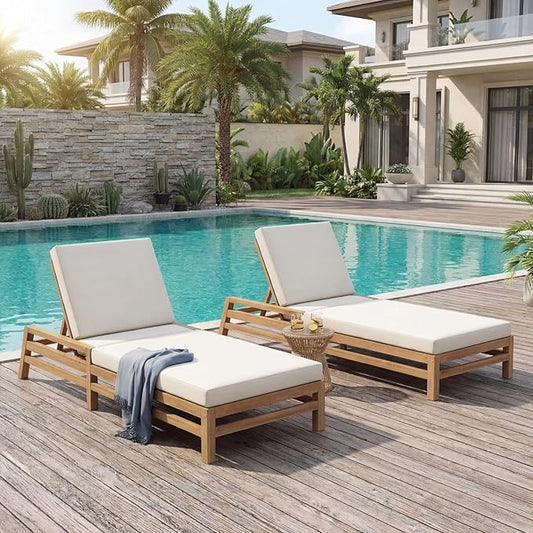 Outdoor Chaise Lounge Chair Set of 2, Patio Chaise Lounge Recliner with Adjustable Backrest, Acacia Wood Poolside Chaise Lounge with Thick All-Weather Cushions for Patio, Deck and Backyard(A)