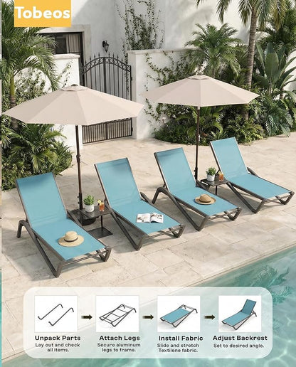 Outdoor Chaise Lounge Chair Set of 2 with Side Table, 5-Position Adjustable Patio Lounge Chair with Aluminum Frame, Textilene Fabric Pool Loung Chairs for Poolside, Deck, Backyard (Lake Blue)