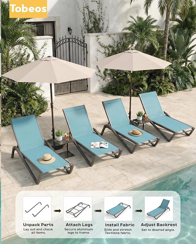 Outdoor Chaise Lounge Chair Set of 30, 5-Position Adjustable Patio Lounge Chair with Aluminum Frame, Textilene Fabric Pool Loung Chairs for Poolside, Deck, Backyard (Lake Blue)