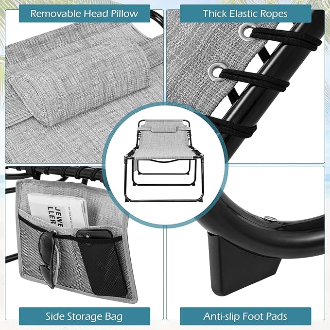 Giantex Lounge Chair Outdoor, Folding Tanning Chair with 4 Adjustable Positions, Removable Headrest, Footrest, Side Pocket, Load 440 Lbs, Portable Recliner for Lawn, Yard, Beach, Sunbathing (1, Grey)