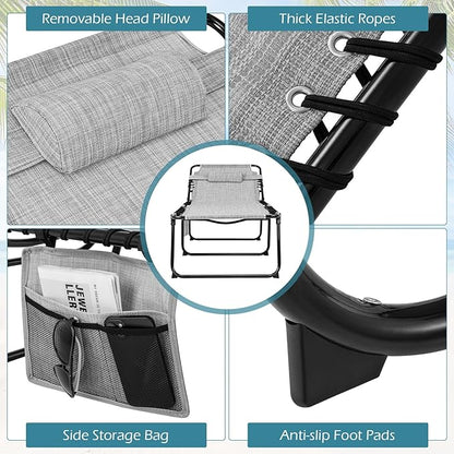 Giantex Lounge Chair Outdoor, Folding Tanning Chair with 4 Adjustable Positions, Removable Headrest, Footrest, Side Pocket, Load 440 Lbs, Portable Recliner for Lawn, Yard, Beach, Sunbathing (1, Grey)