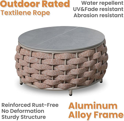Short Round Patio Coffee Table: Hand Woven Rope Side Tables Assembled - Aluminum Outdoor Accent Table Modern - Metal Porch Furniture for 176lbs Deck Garden Balcony Hotel φ25.6''/65cm, Terracotta