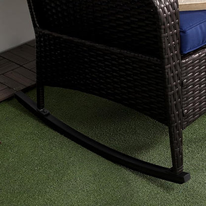 Outsunny Outdoor Wicker Rocking Chair with Wide Seat, Thick Cushions, Rattan Rocker with Steel Frame, High Weight Capacity for Patio, Garden, Backyard, Dark Blue